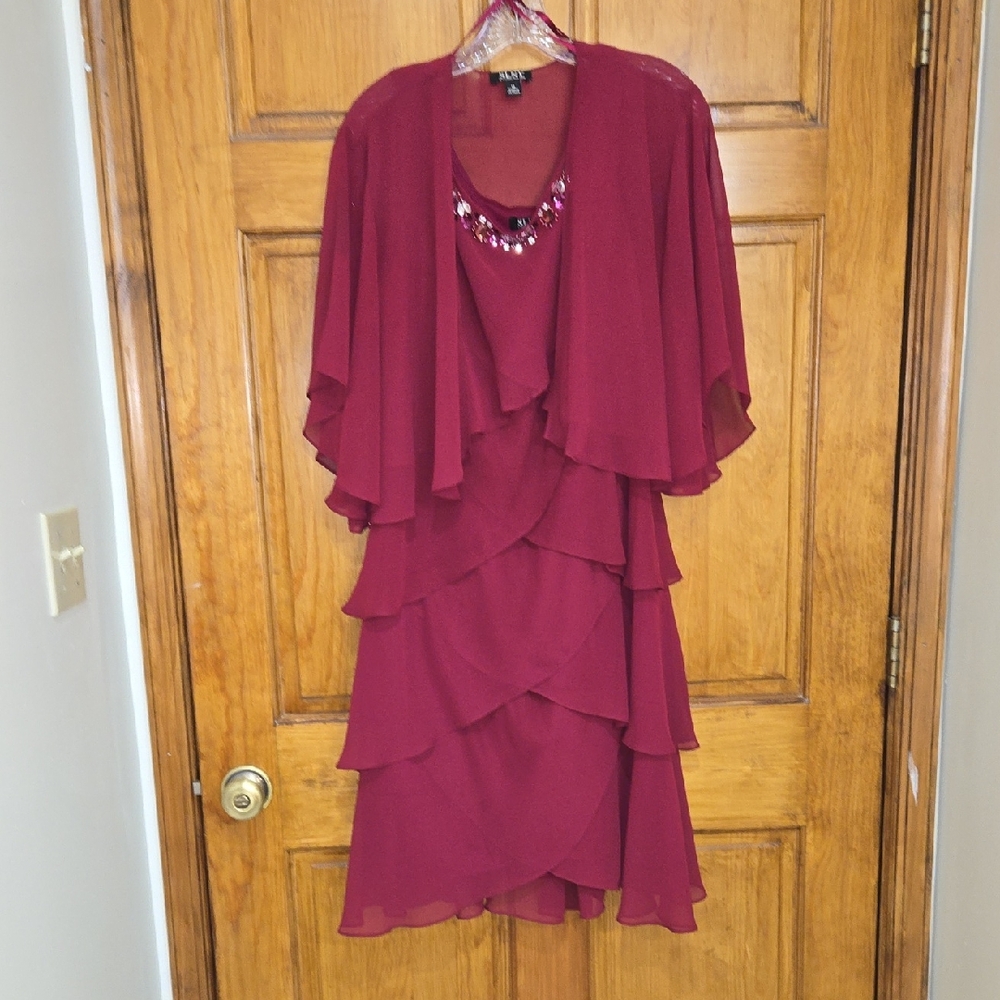 SLNY Tiered Chiffon Jacket Dress With Beaded Neck Detail